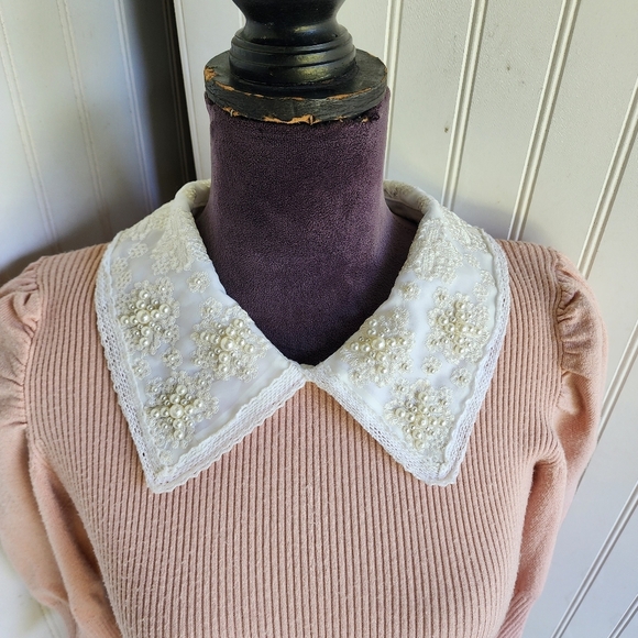 On Twelfth 12th Fitted Puff Sleeve Blush Pink Pullover Sweater Ribbed Collared S - Picture 3 of 11